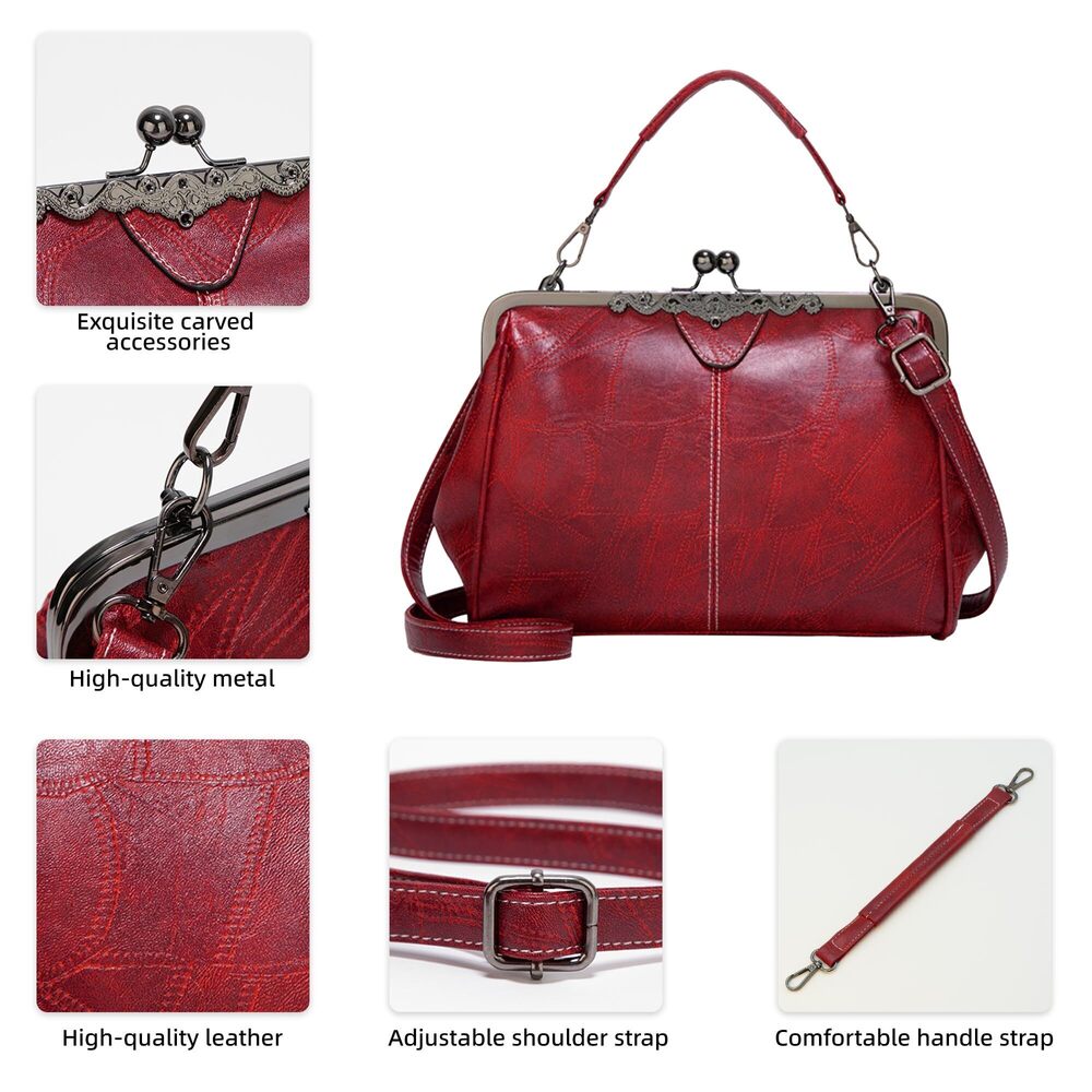8129 Purses Vegan Leather Handbag Crossbody with Kiss Lock Satchel Evening - Picture 3 of 6